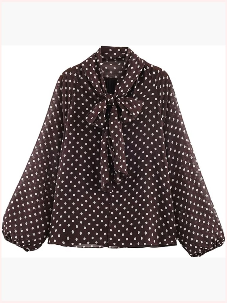 Bow Tie Neck Long Sleeve Chiffon Blouse Polka Dot Print